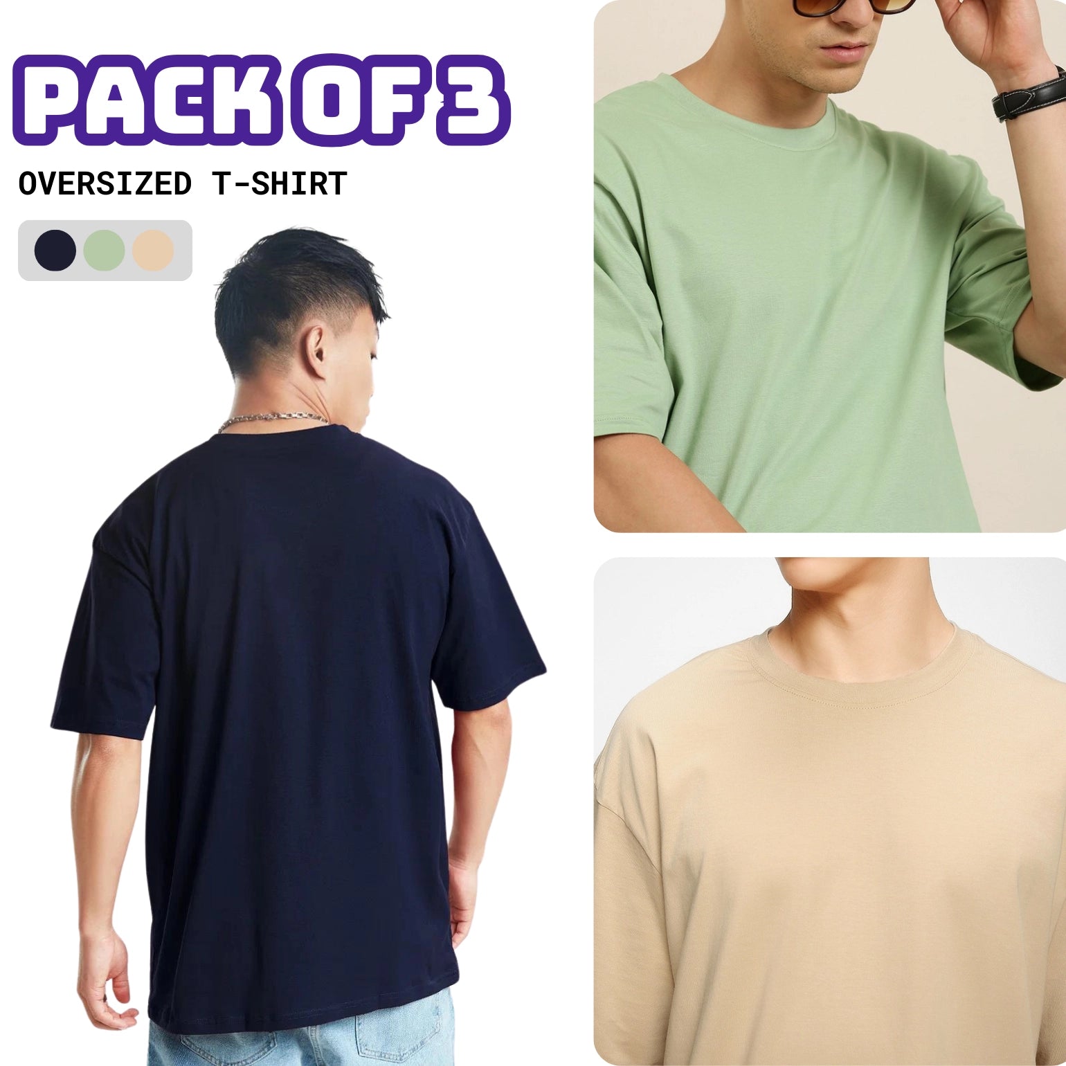 Pack of 3 Oversized T-shirt in Navy Blue, Sage Green, Beige - SleekandPeek