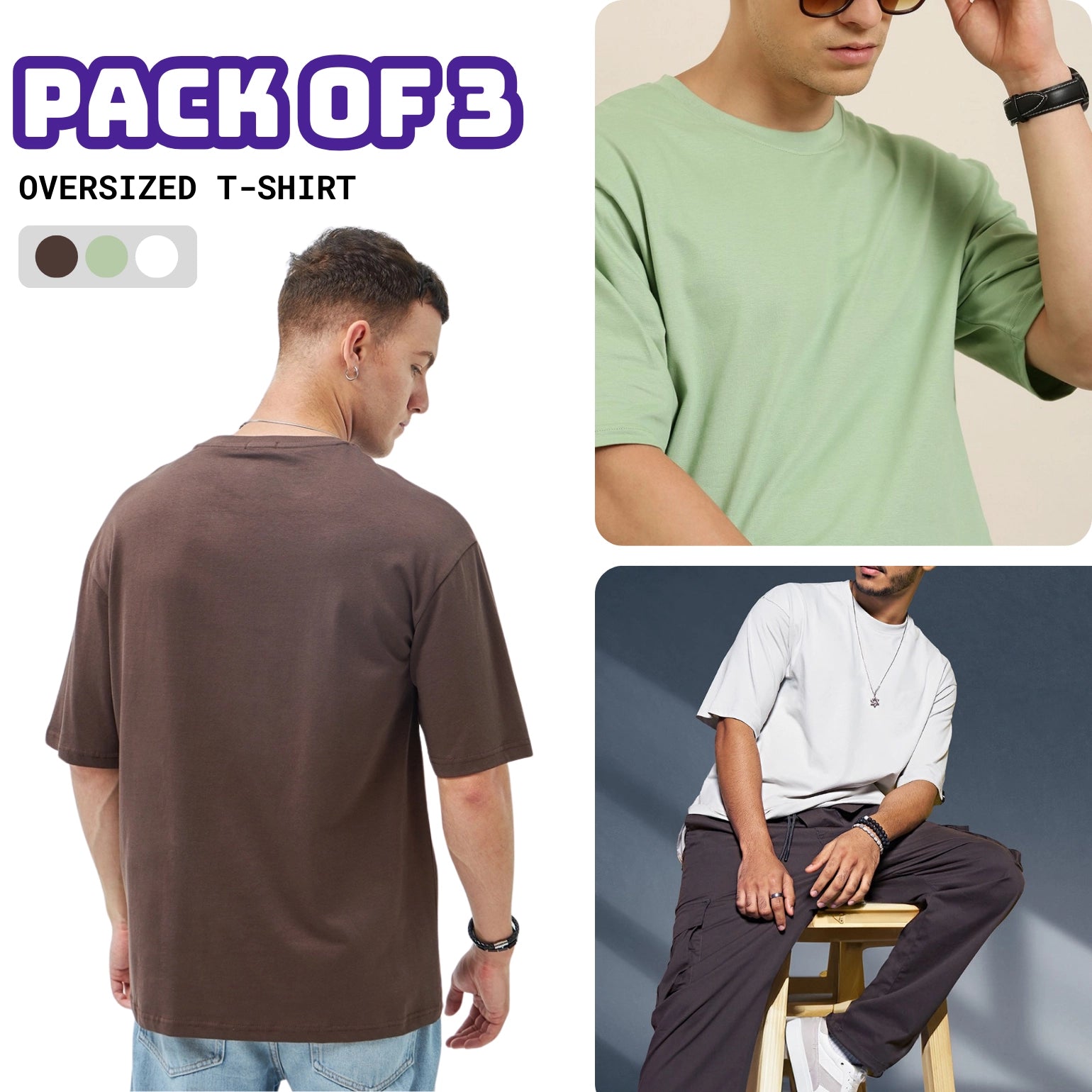 Pack of 3 Oversized T-shirt in Brown, Sage Green, White - SleekandPeek